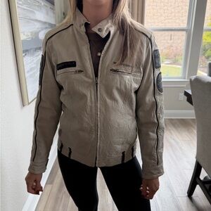 Ed Hardy Beige moto Leather Jacket with embroidered racing patches.